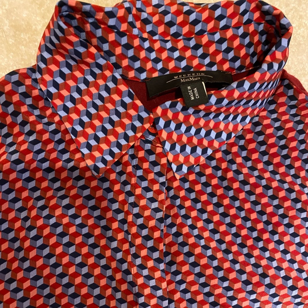 Maxmara Red And Blue Cube Design Button Up Blouse - image 3